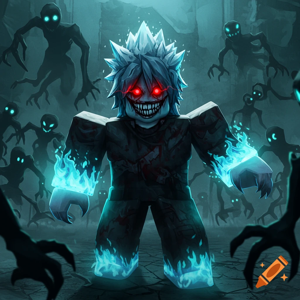 Roblox-style character with spiky hair, red eyes, sharp teeth, and blue flames, surrounded by shadowy monsters in a foggy horror scene.