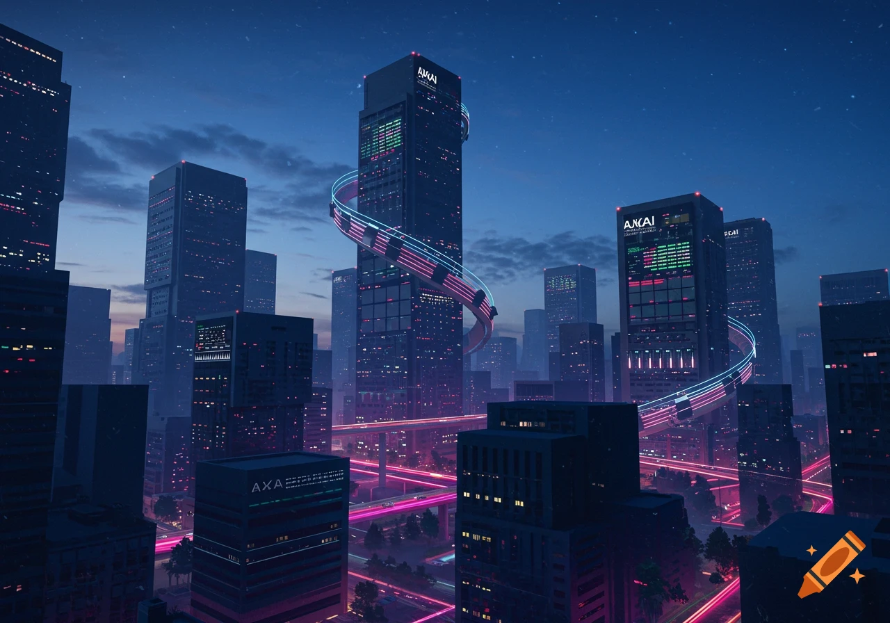 A dark, futuristic city at night, with tall skyscrapers illuminated by neon pink and blue lights. A glowing, swirling ribbon of musical notes encircles a central building. Cars leave light trails on elevated highways.