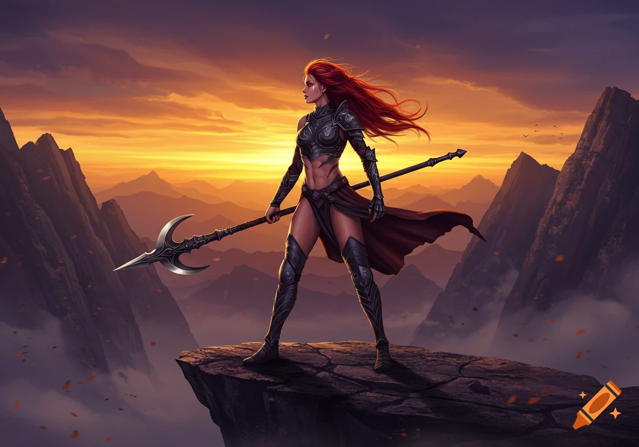 A fierce red-haired warrior woman in armor stands on a cliff with a glaive, overlooking a vast mountain range at sunset.