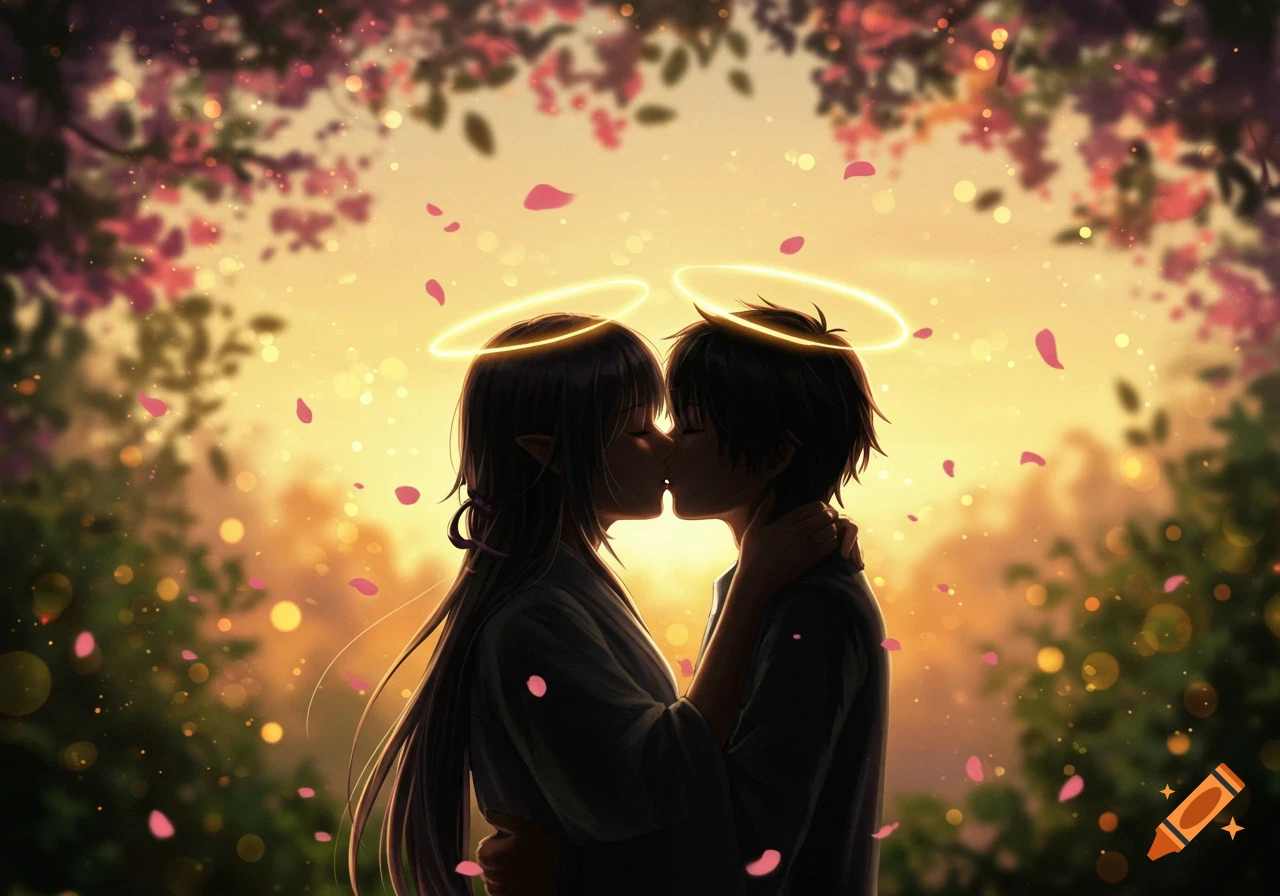 Anime illustration of a couple kissing with glowing halos, surrounded by falling pink petals against a warm, blurry, sunset background.