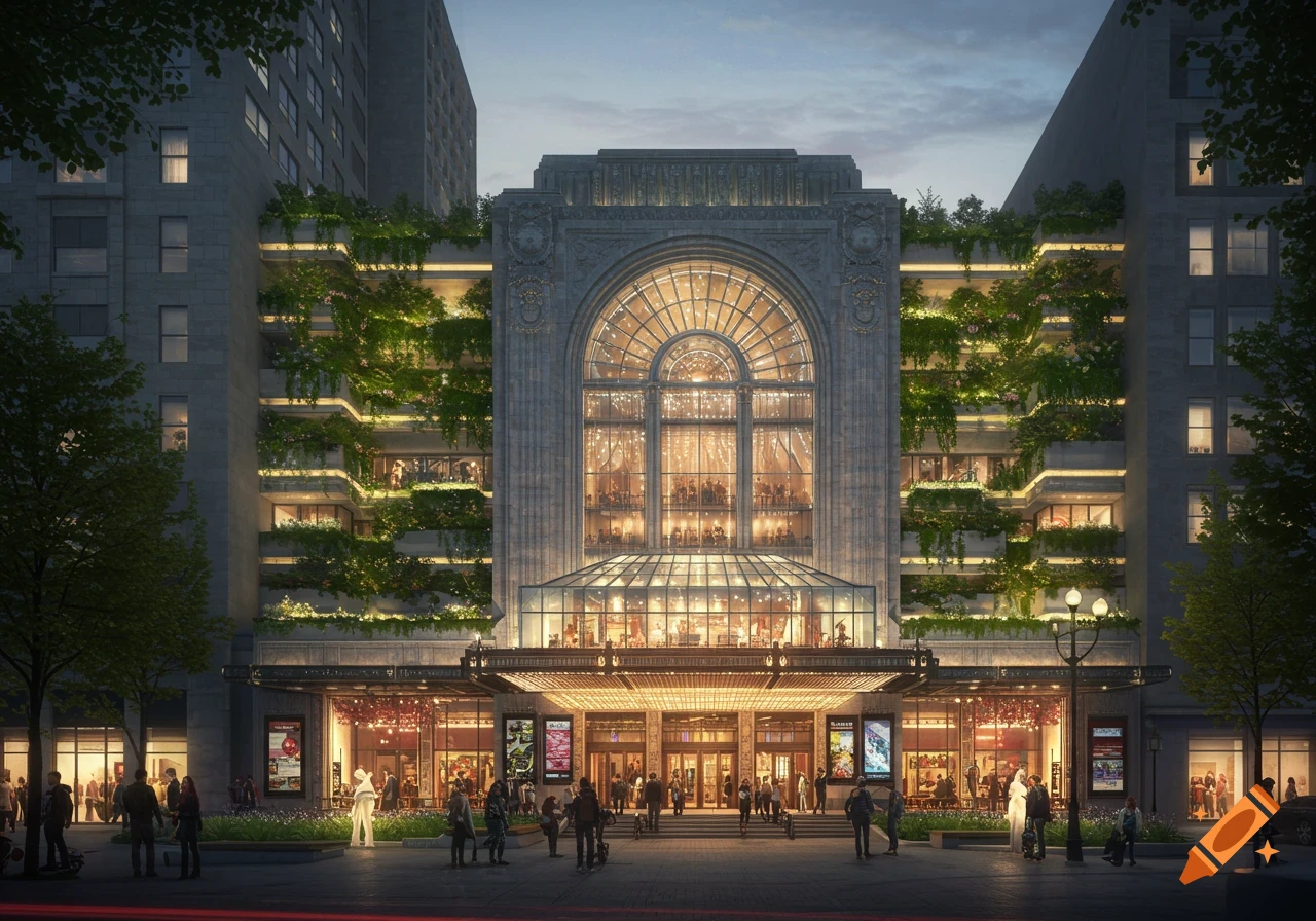 A photorealistic architectural rendering of a grand building with an arched window, green balconies, and a bustling street level.