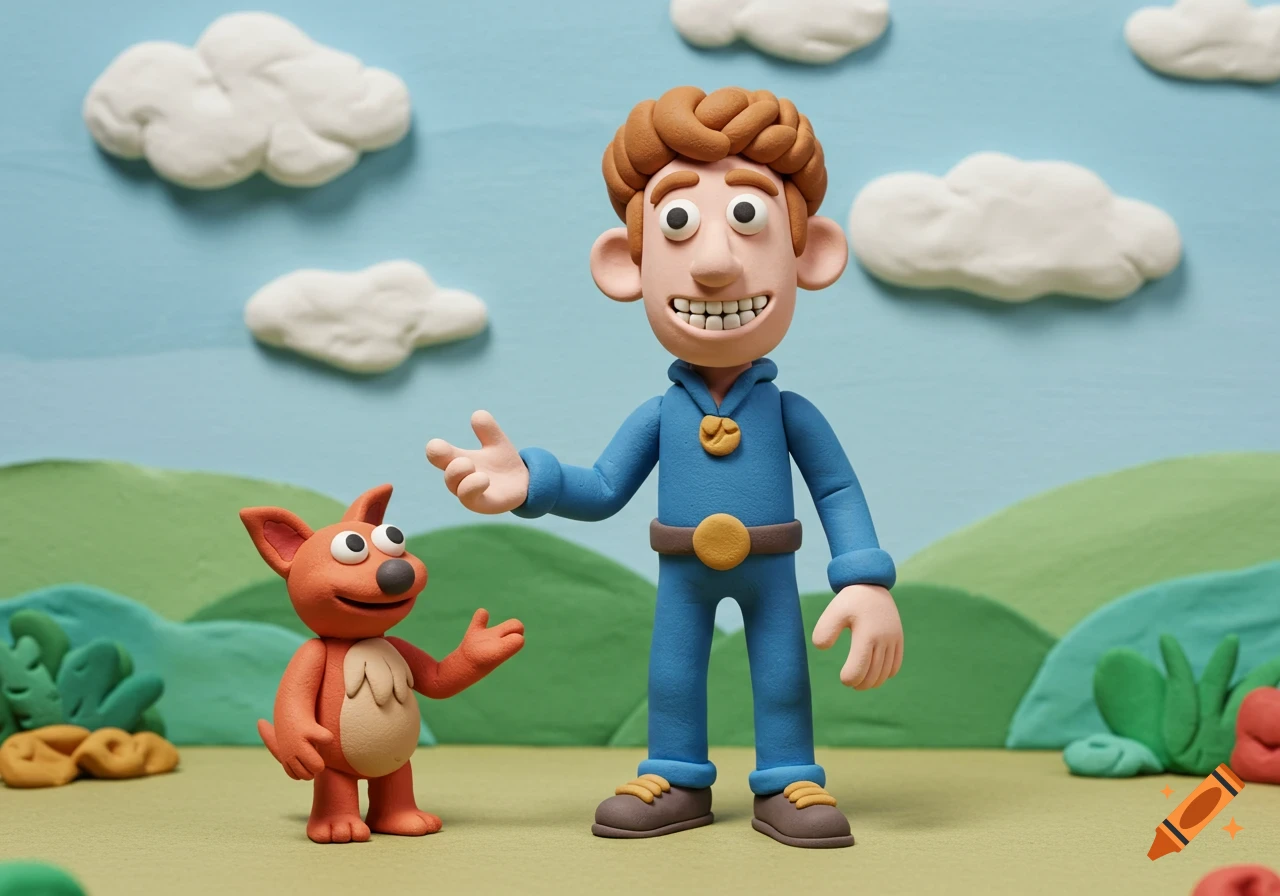 A claymation man in a blue jumpsuit with brown hair stands next to a small orange fox-like creature in a green field under a blue sky with white clouds.