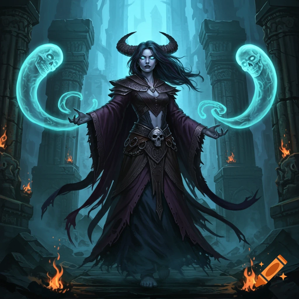 A pale-skinned, dark-haired female necromancer with horns and glowing eyes casts a spell, surrounded by spectral skulls in a dark, ruined temple.
