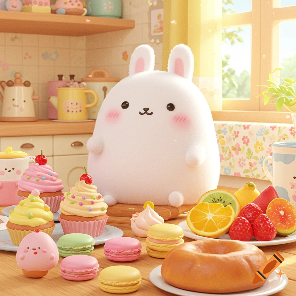 A cute, fluffy white bunny sits on a kitchen table with colorful cupcakes, macarons, a donut, and fresh fruit. Bright illustration.