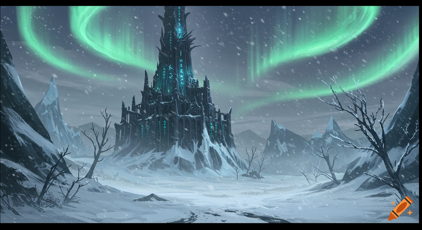 A dark, spiky fantasy tower glows with blue runes amidst a snowy, mountainous landscape under a green aurora borealis.