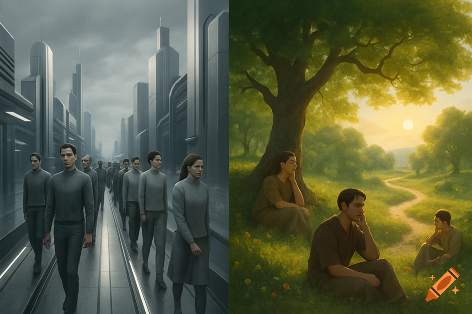 Split image: left shows people in uniform in a grey futuristic city; right shows people relaxing in a vibrant green natural landscape at sunset.