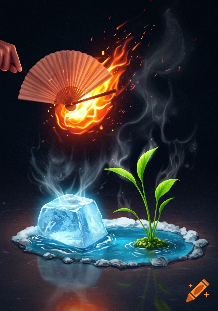 A stylized illustration: a hand fans a flame above a glowing ice cube melting into a pond with a plant. Dark background.