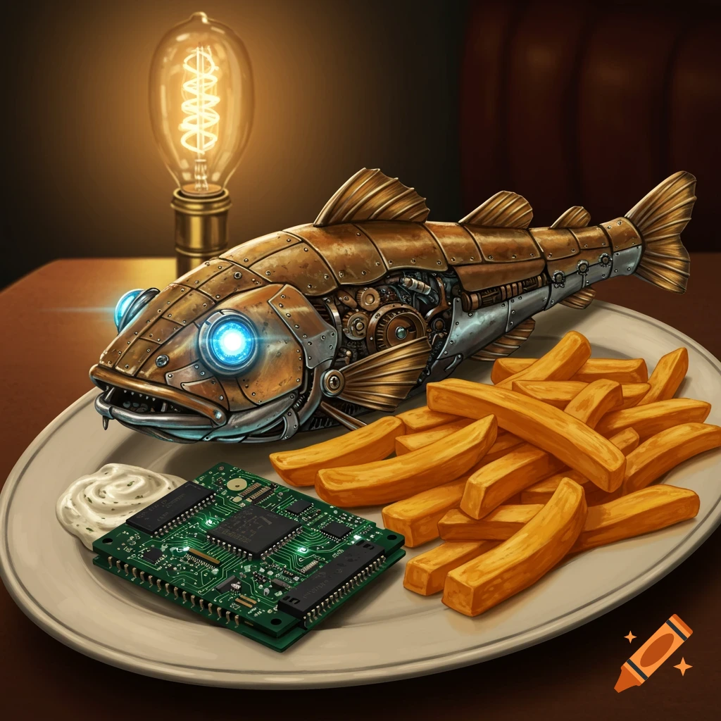 Steampunk robot fish with glowing blue eyes on a plate with golden french fries, white sauce, and a green circuit board, under an Edison bulb.