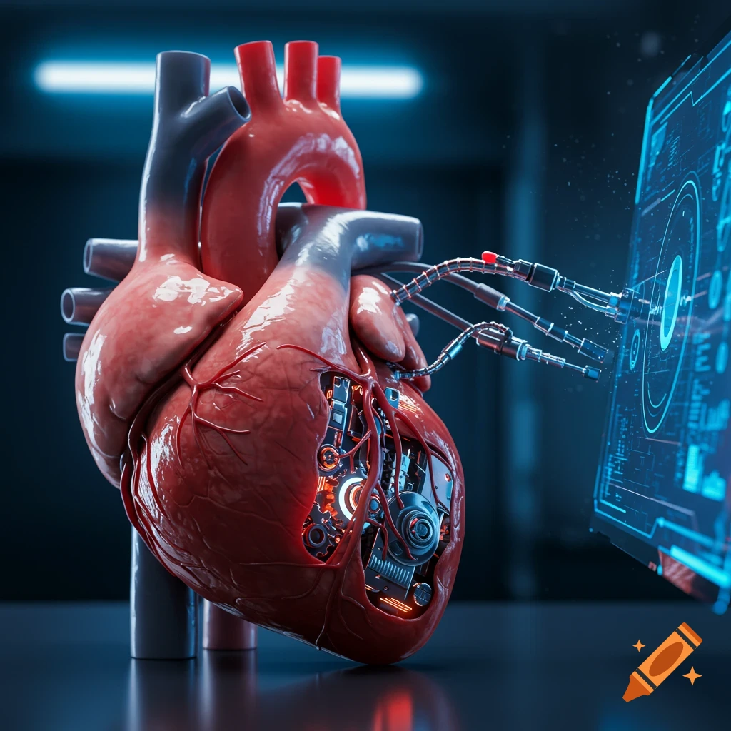 Photorealistic bionic human heart, half organic and half mechanical, with glowing wires connected to a blue digital display.