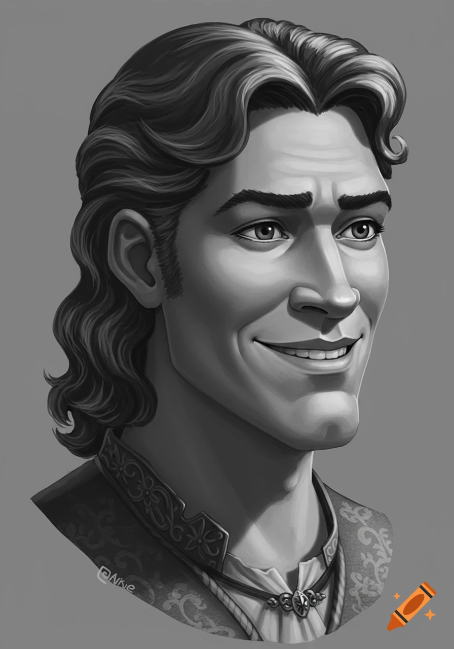 A grayscale portrait of a smiling man with wavy hair, wearing a patterned jacket and a ruffled shirt with a medallion.