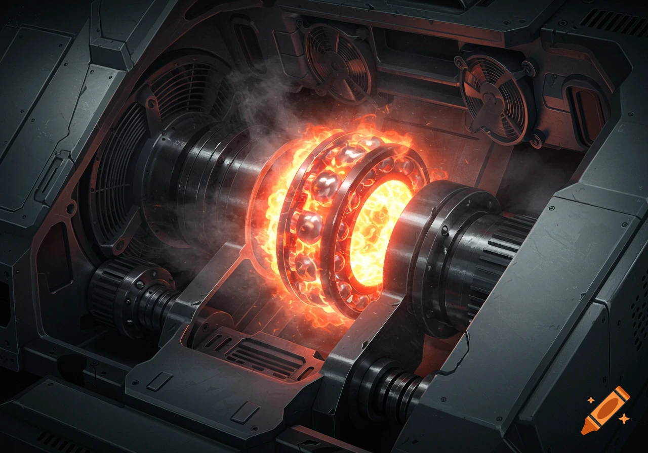 A close-up of a fiery hot, glowing ball bearing emitting smoke within dark, futuristic machinery.