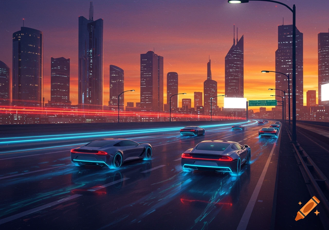 Futuristic cars with glowing blue lights drive on a highway past a vibrant city skyline at sunset, cyberpunk style.
