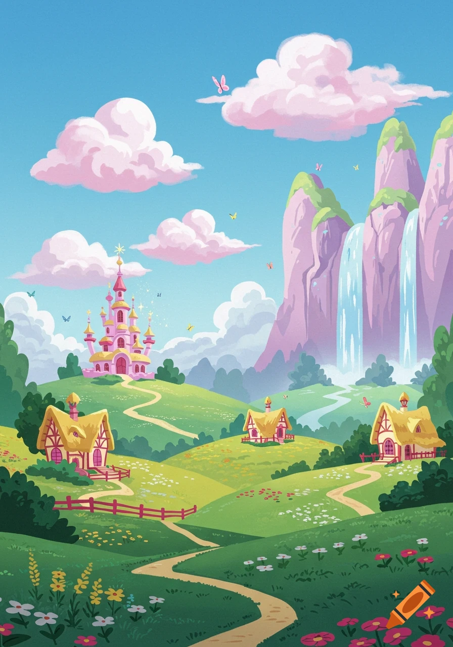 A vibrant cartoon fantasy landscape with a pink castle, cottages, waterfalls, green rolling hills, pink clouds, and butterflies.