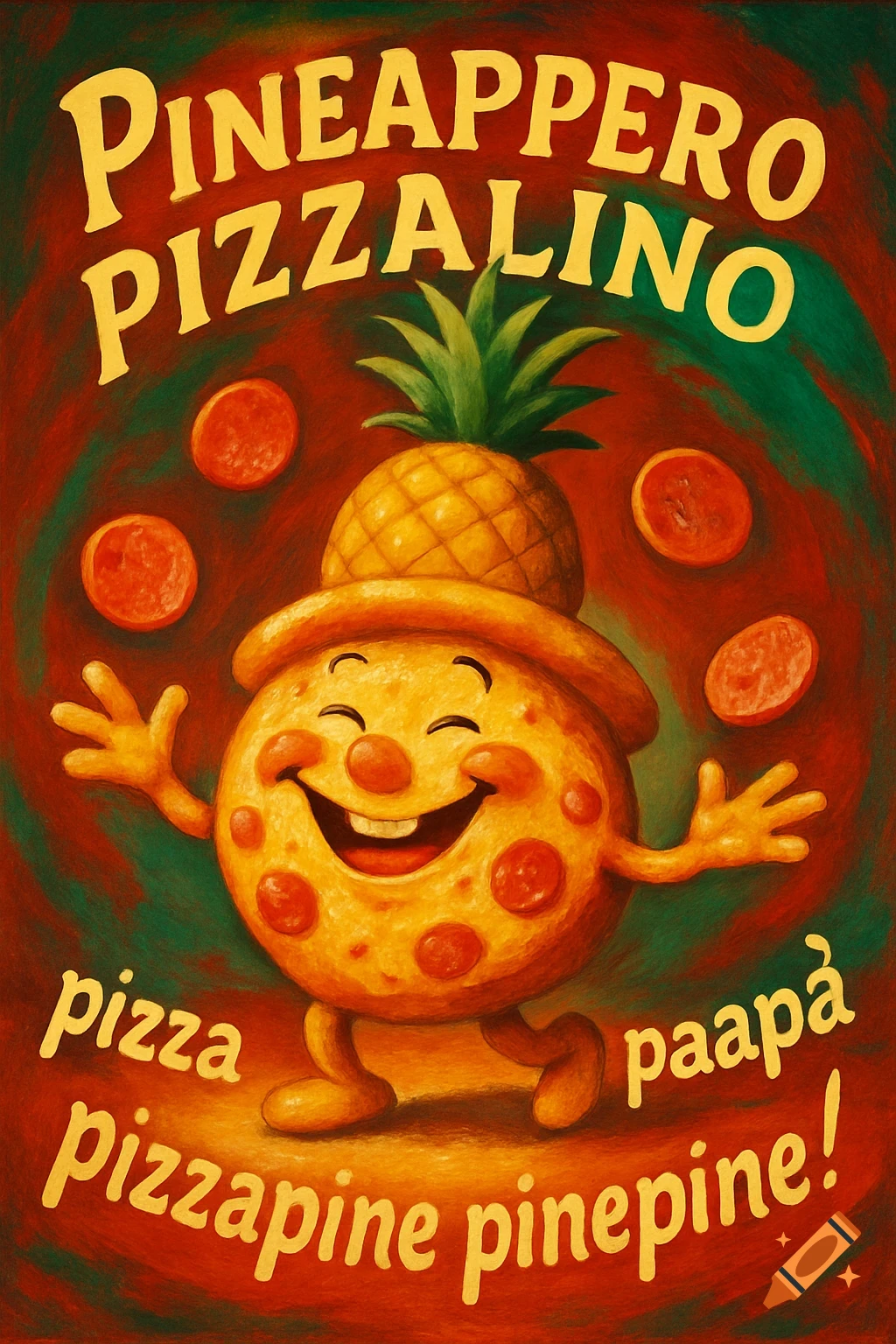 Cartoon pizza man with a pineapple hat and cheesy grin, surrounded by pepperoni. Text 'Pineappero Pizzalino pizza paapà pizzapine pinepine!' against a red and green background.