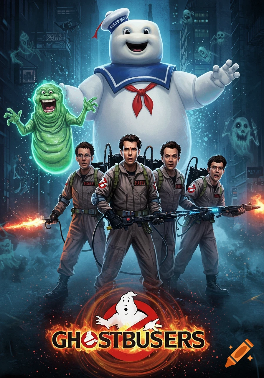 A cinematic Ghostbusters poster featuring the four Ghostbusters, Slimer, and the Stay Puft Marshmallow Man, with the Ghostbusters logo and text at the bottom.