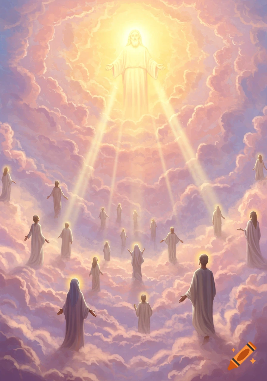 Ethereal religious art of a glowing Jesus-like figure in bright clouds, with many robed people floating upwards.
