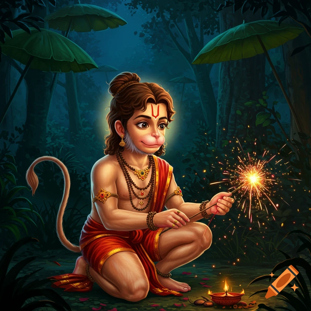 Animated young Hanuman, a child-like monkey god, kneels in a dark forest, lighting a bright sparkler. Vibrant Hindu style.
