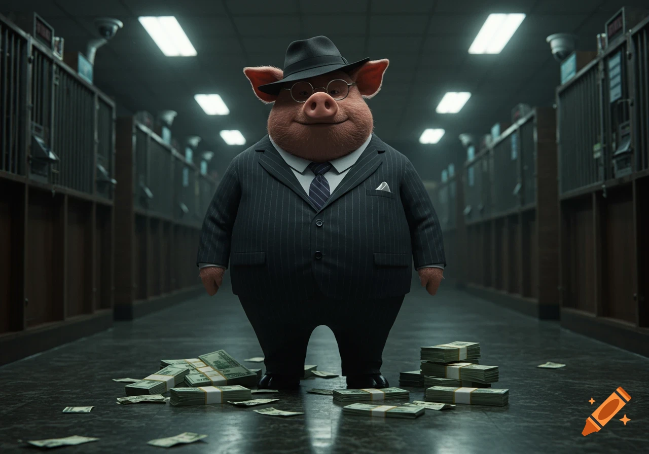 A cartoon pig wearing a pinstripe suit, fedora, and glasses stands in a dark bank vault surrounded by stacks of money.
