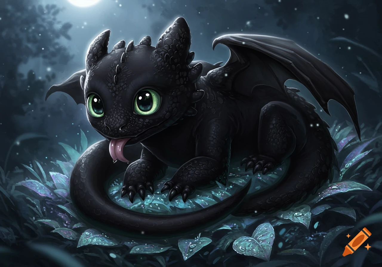 A cute baby black dragon with large green eyes and a pink tongue sticking out, nestled in glowing blue-green foliage under a moonlit sky. Digital art.