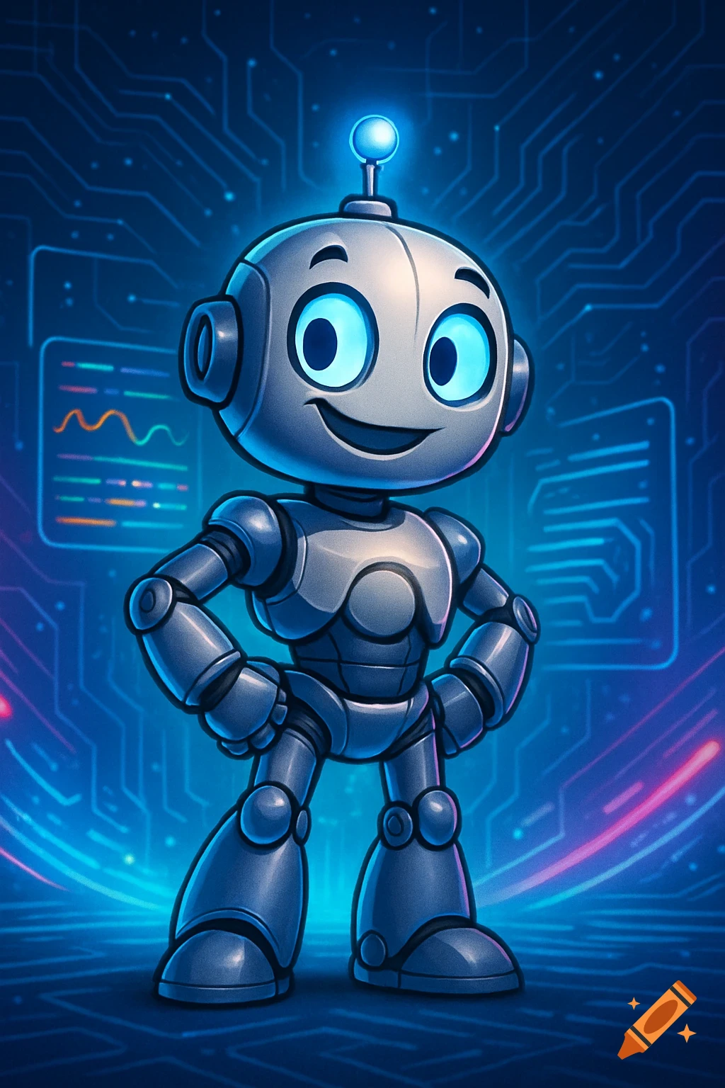 A friendly cartoon robot stands with hands on hips against a glowing blue circuit board background.
