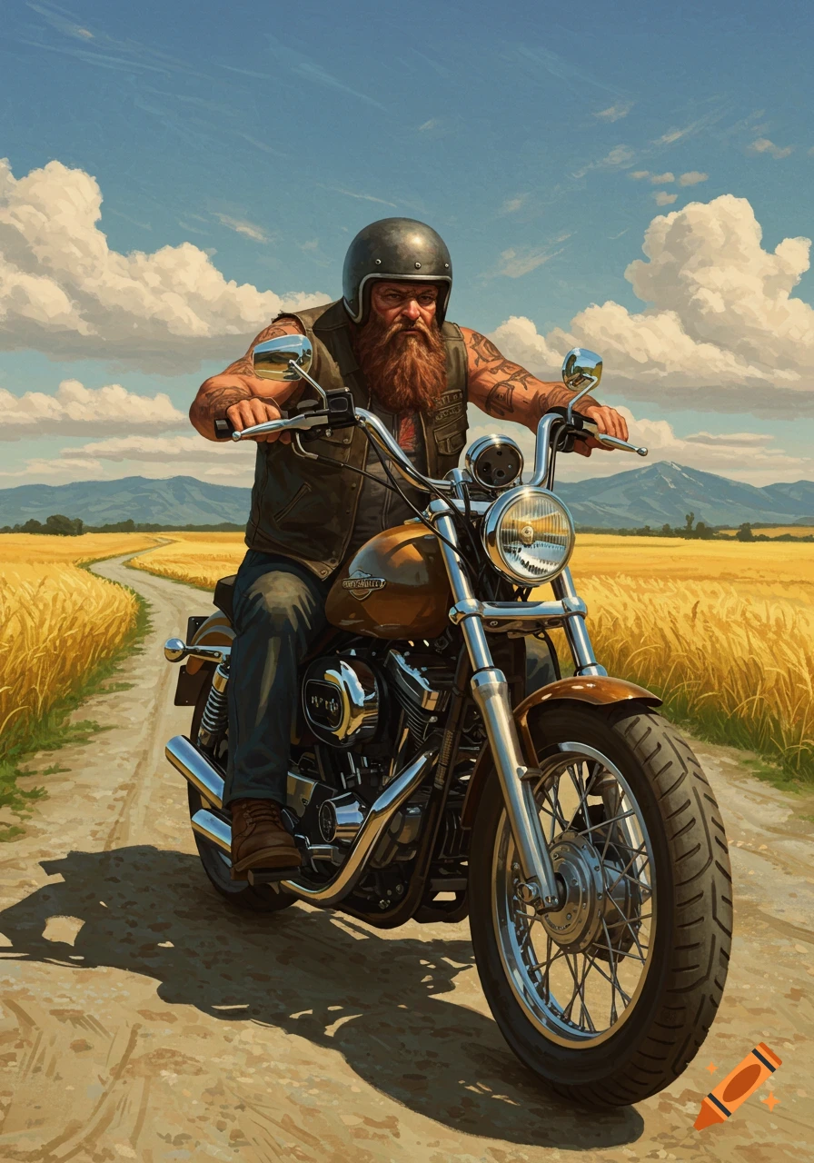 Bearded biker in a helmet on a motorcycle riding a dirt road through a golden field with mountains under a blue sky, illustration.