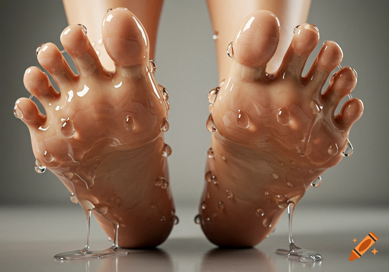 Two bare human feet, viewed from below, covered in photorealistic clear liquid drips that run onto a gray surface.
