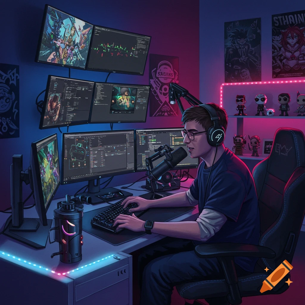 An anime-style illustration of a male streamer wearing headphones and glasses, sitting in a gaming chair at a multi-monitor setup in a neon-lit room.