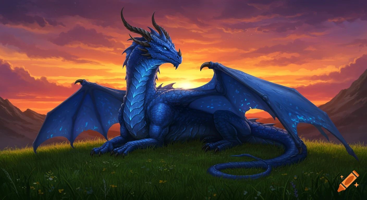 A majestic blue dragon with intricate scales and large wings rests on a grassy hill during a vibrant orange and purple sunset in an epic fantasy art style.