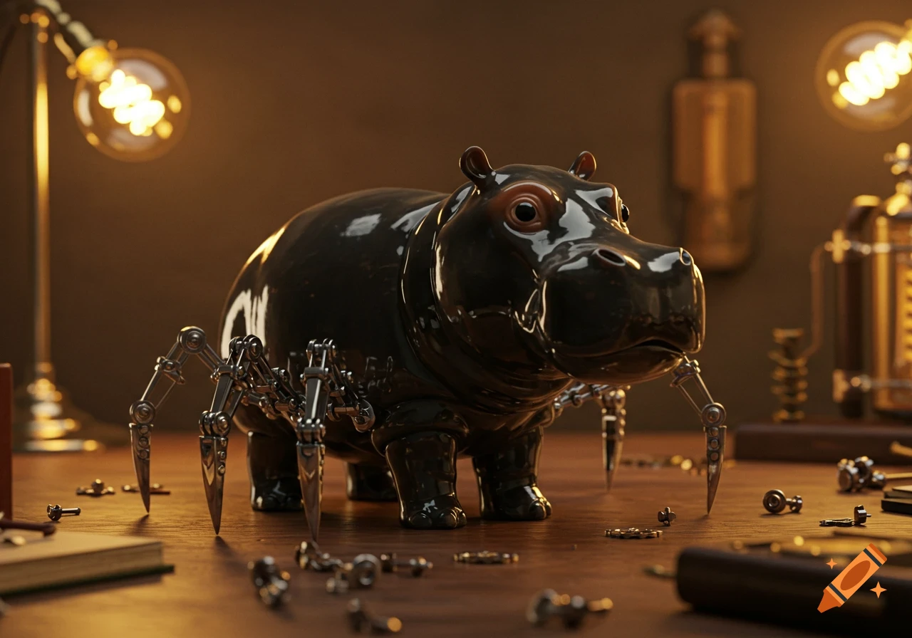 A shiny black toy hippopotamus with robotic spider legs sits on a wooden desk, surrounded by steampunk-style lamps and gears.
