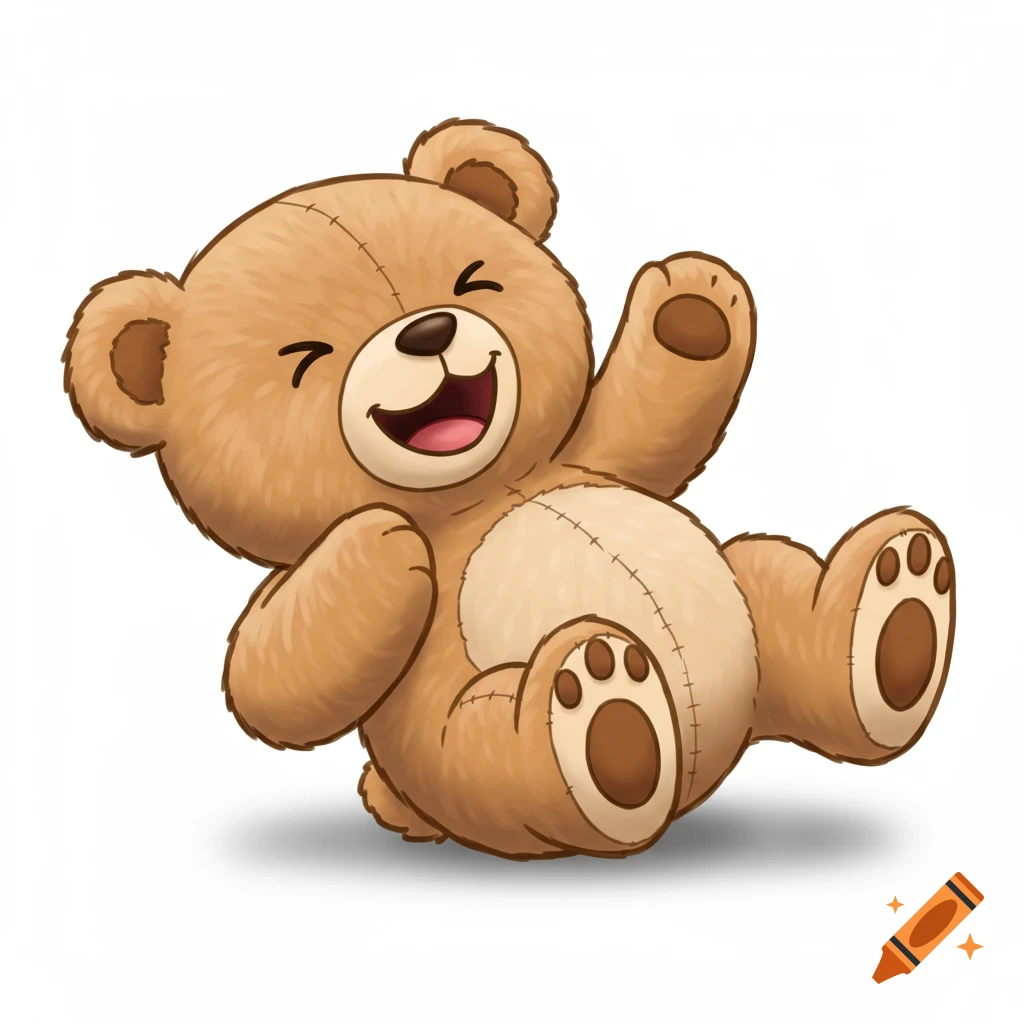 A cute, fluffy brown cartoon teddy bear lies on its back, laughing joyfully with closed eyes, waving a paw, on a white background.