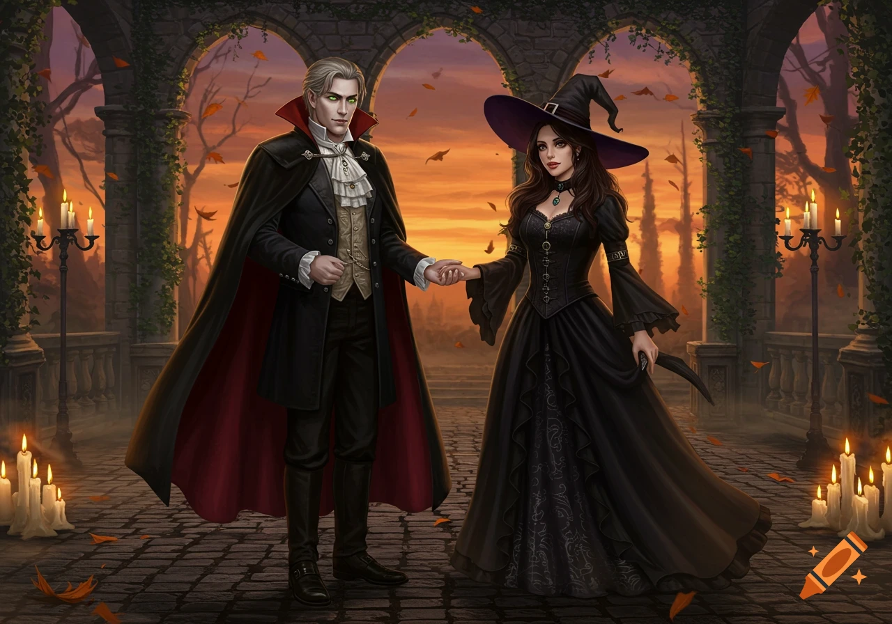 A vampire man and witch woman hold hands in a gothic autumn setting with arches, candles, and falling leaves at sunset.