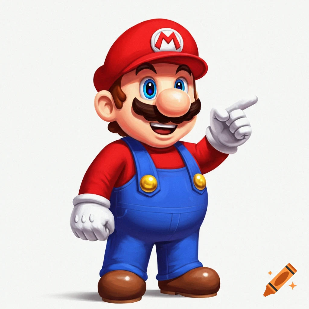 A smiling Super Mario in his red cap and blue overalls, pointing to the right, against a white background.