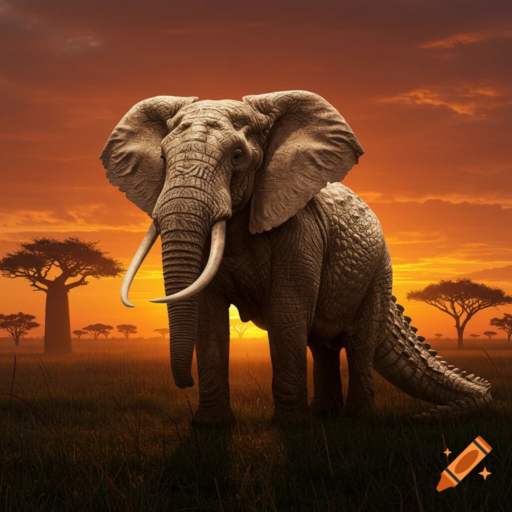 A massive elephant with crocodile-like skin and tail stands in a grassy savanna at sunset, with baobab trees silhouetted against an orange sky.