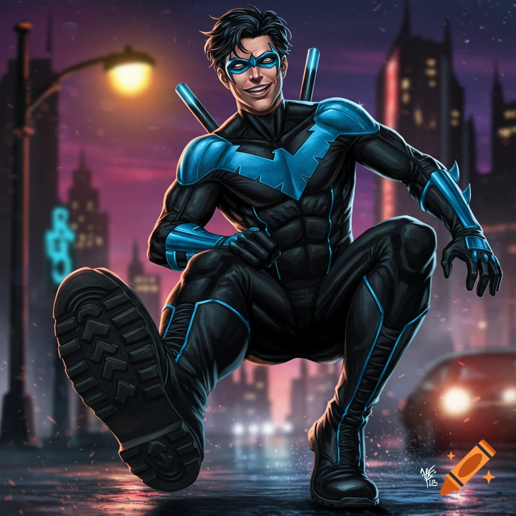 Nightwing, in a black and blue superhero suit, crouches in a city at night, his combat boot sole hovering towards the viewer in a comic book art style.