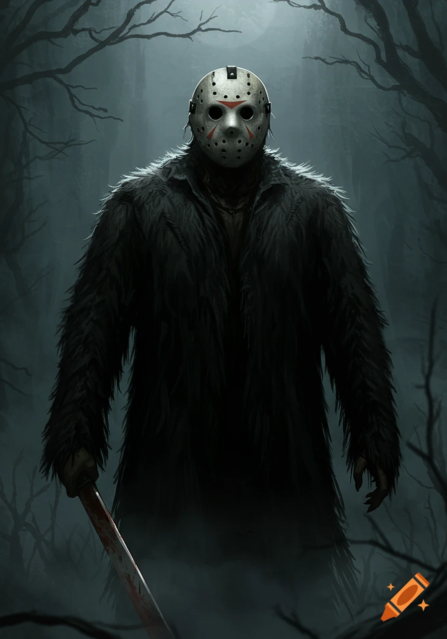 Jason Voorhees in a hockey mask and fur coat stands in a misty forest, holding a bloody machete. Dark fantasy illustration.