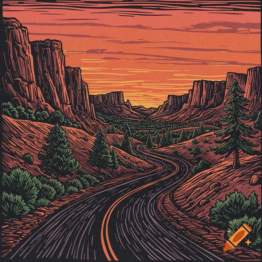 Linocut of a winding road through a canyon landscape with evergreen trees under an orange sunrise sky.