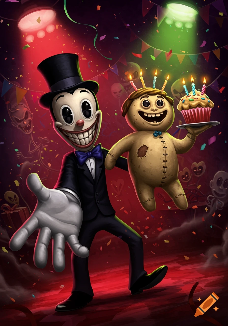 A creepy cartoon character in a top hat and suit stands with a plush doll holding a birthday cupcake amidst confetti and shadowy figures.