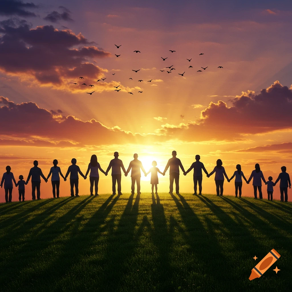 Silhouettes of people holding hands on a grassy hill, with a colorful sunset and birds flying in the sky.