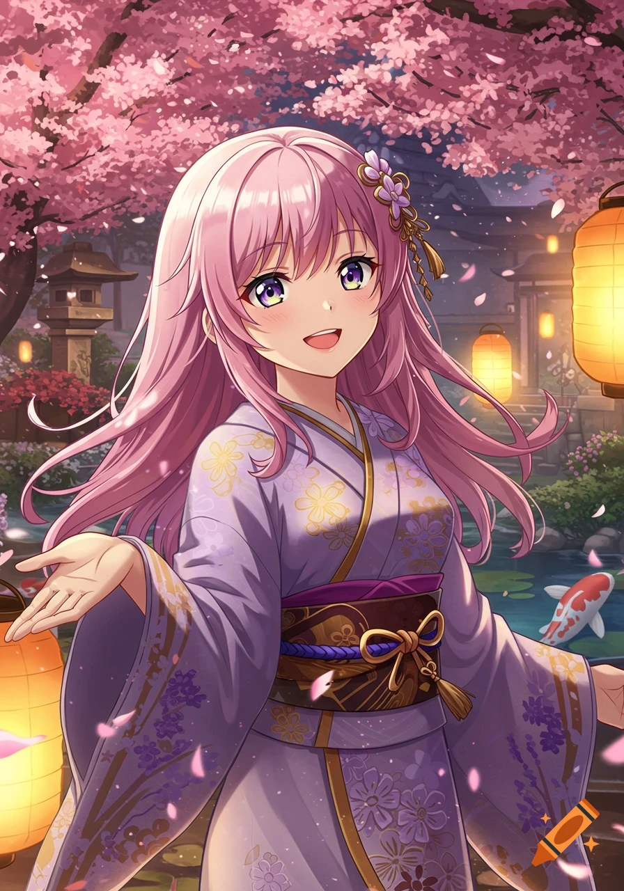 Smiling anime girl with pink hair and purple eyes in a lavender kimono, standing under blooming cherry blossom trees with lanterns and a koi pond.