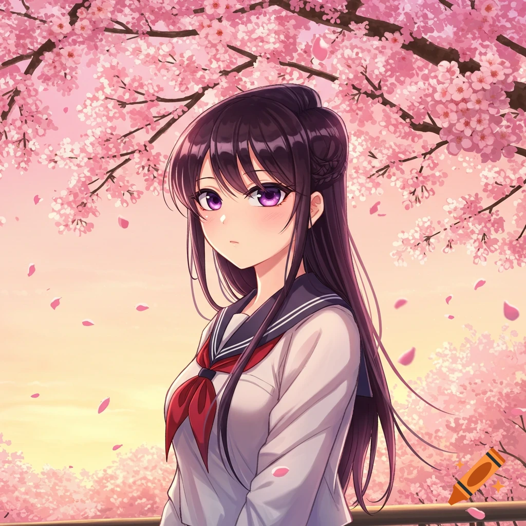 Anime girl in a school uniform standing under pink cherry blossom trees at sunset.