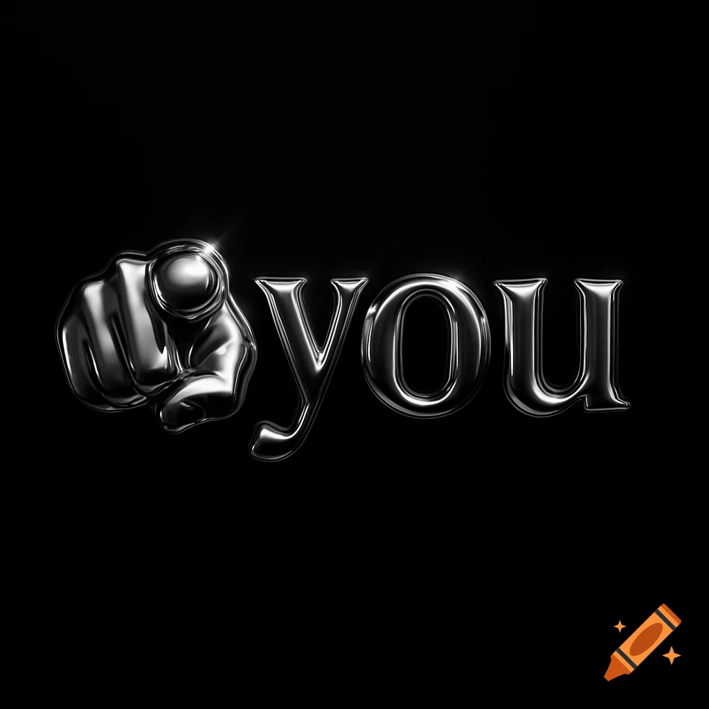 Shiny chrome metallic pointing finger and the word 'you' on a pure black background.
