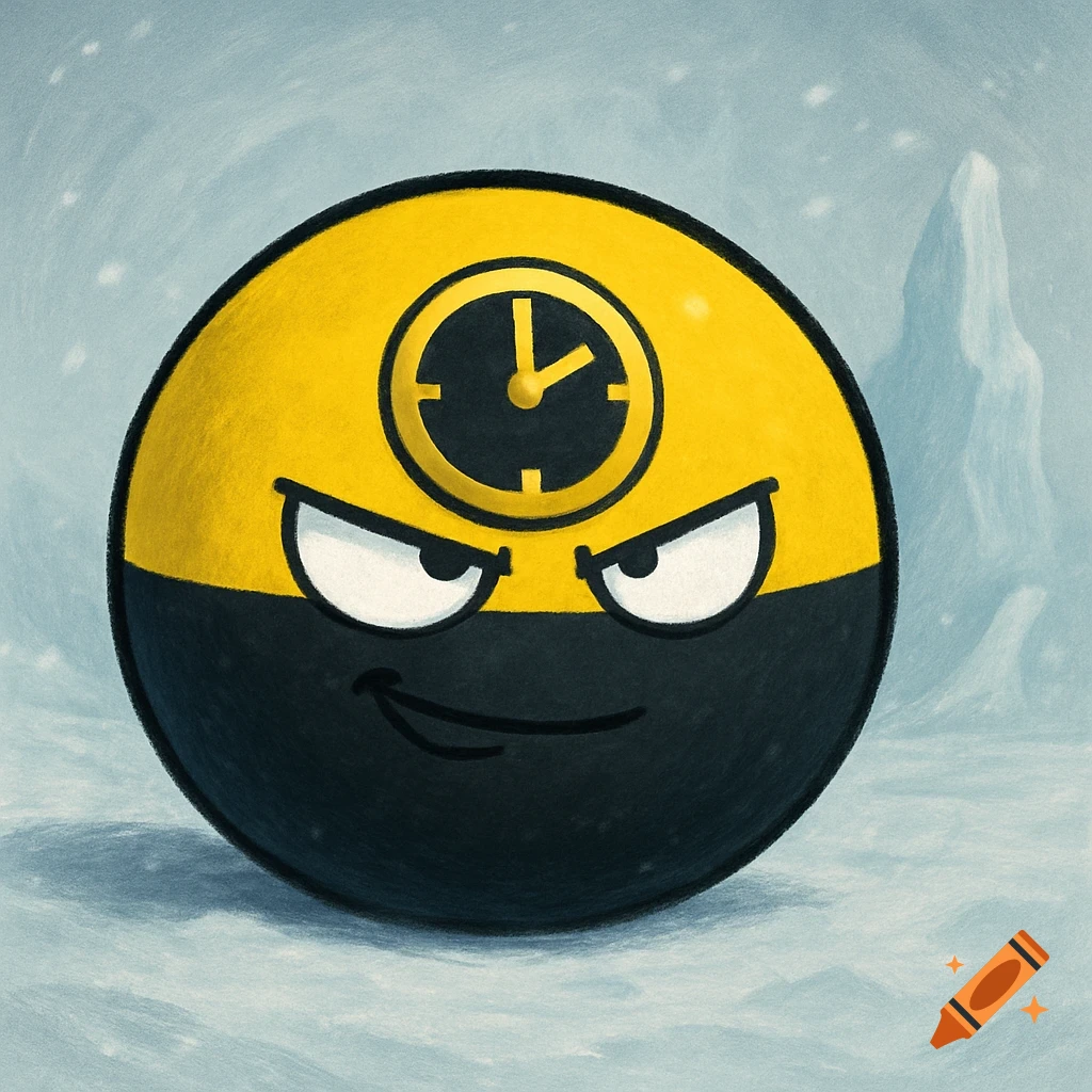 A cartoon yellow and black countryball character with angry eyes and a clock emblem on its forehead, in a snowy landscape.