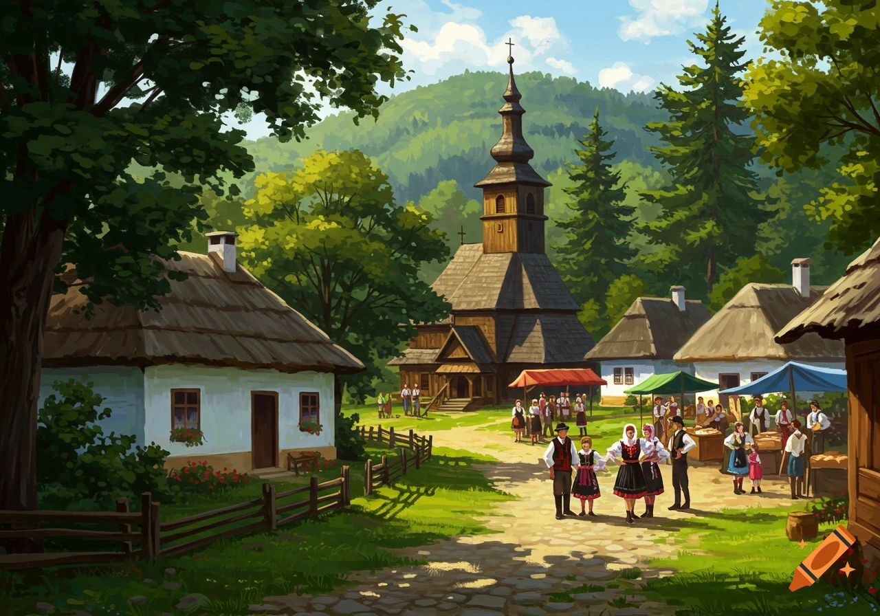 A vibrant painting of a traditional Slovakian village with a wooden church, thatched-roof houses, and people in folk costumes.