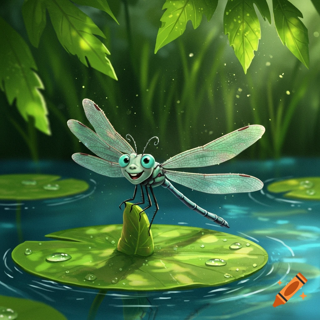 A smiling cartoon dragonfly with blue eyes sits on a lily pad with water droplets, surrounded by green leaves in a vibrant illustration.