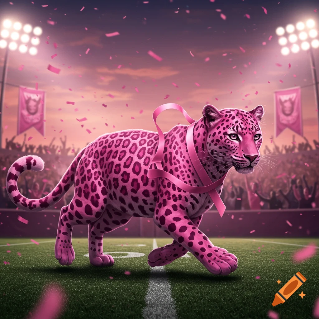 A vibrant pink leopard with a breast cancer ribbon walks across a football field with stadium lights and pink confetti.