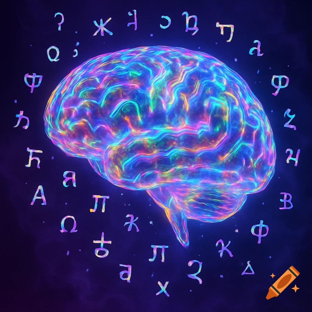 A holographic brain glows with rainbow colors, surrounded by various exotic linguistic letters and characters.