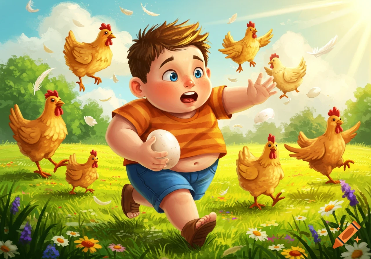 A chubby cartoon boy with wide eyes runs through a sunny green field, clutching a large egg, as several chickens chase him.