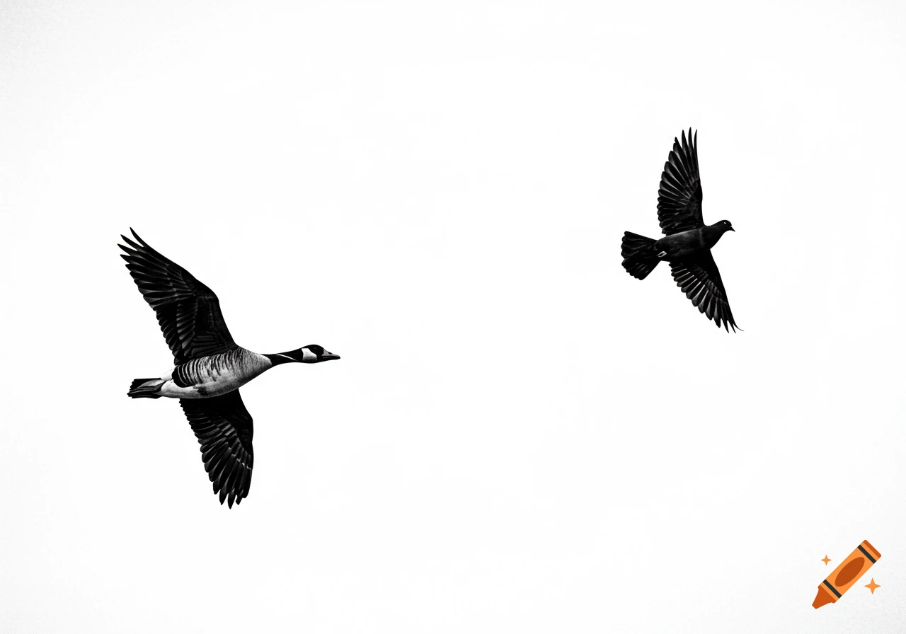 A wild goose and a dove fly as black silhouettes against a stark white background.