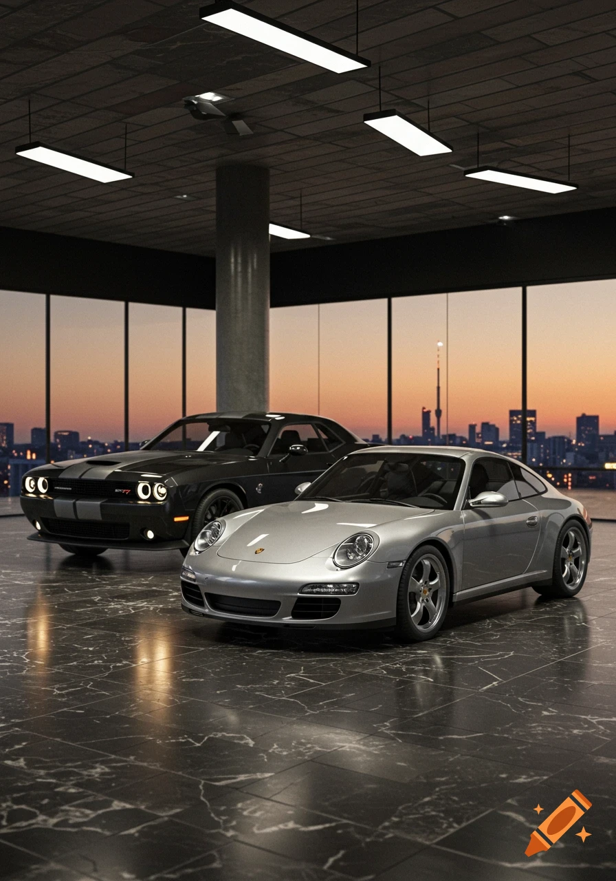 A silver Porsche parked next to a black Dodge Challenger in a modern garage with large windows overlooking a city skyline at sunset, photorealistic style.
