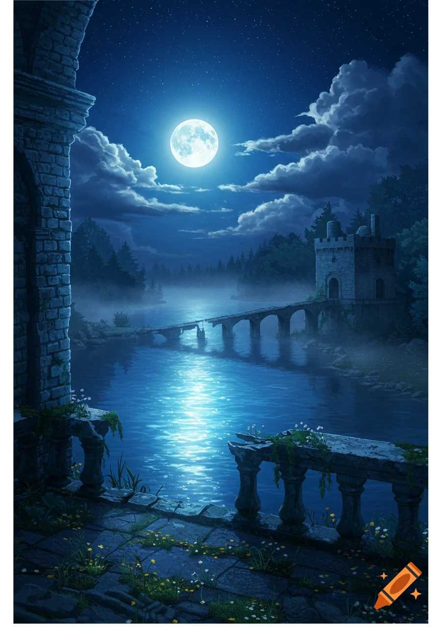 A full moon illuminates a dark blue lake from an abandoned castle balcony, with a broken bridge and a small tower in the distance at night.